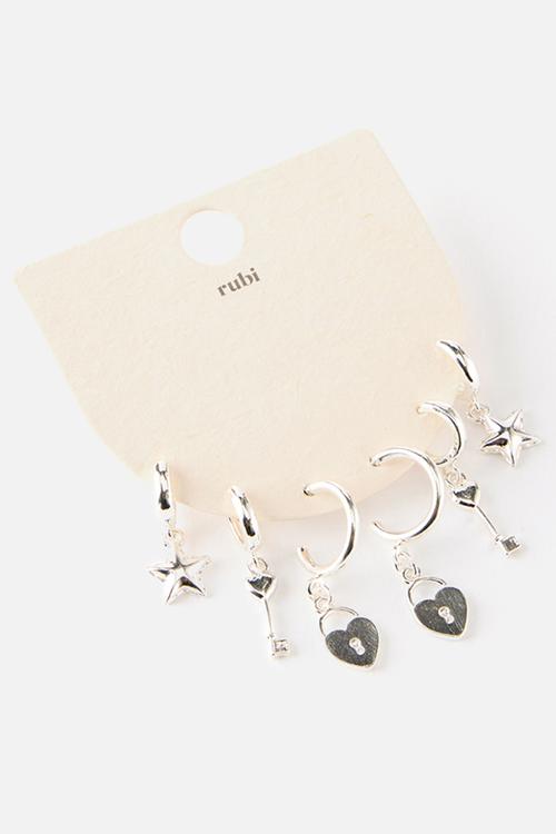 Locket key star 3pk mid earring - silver