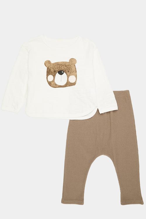 Curved hem tee & tights set - white/brown/bear