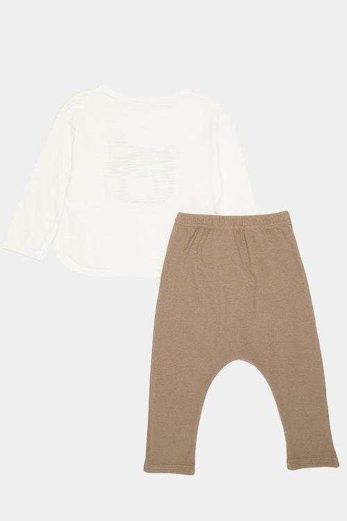 Curved hem tee & tights set - white/brown/bear