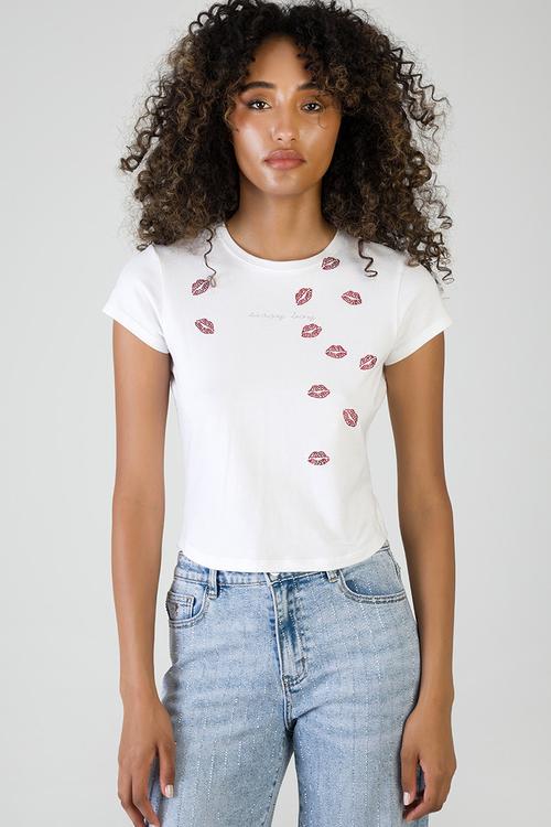 Heart First: T-shirt With Red Lip Transfers - White