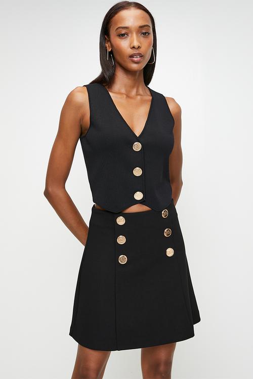 Ladies lisa short skirt with buttons - black