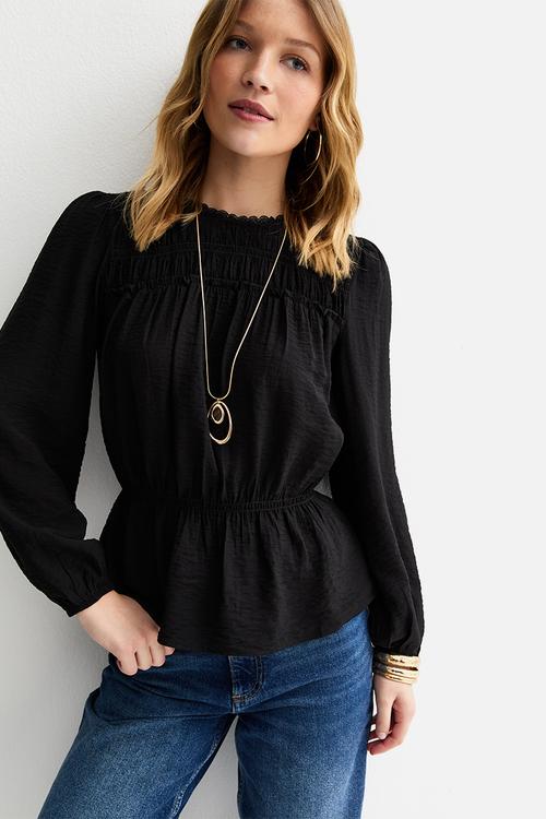 Vde shelly shirred crew neck blouse  - black
