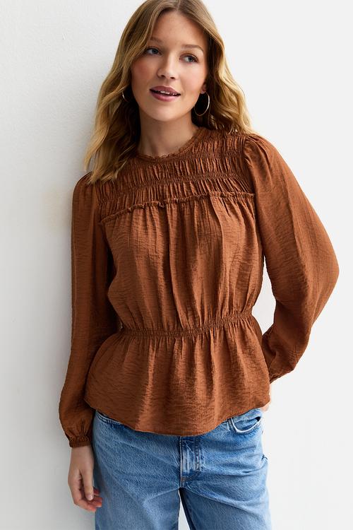 Vde shelly shirred crew neck blouse  - brown