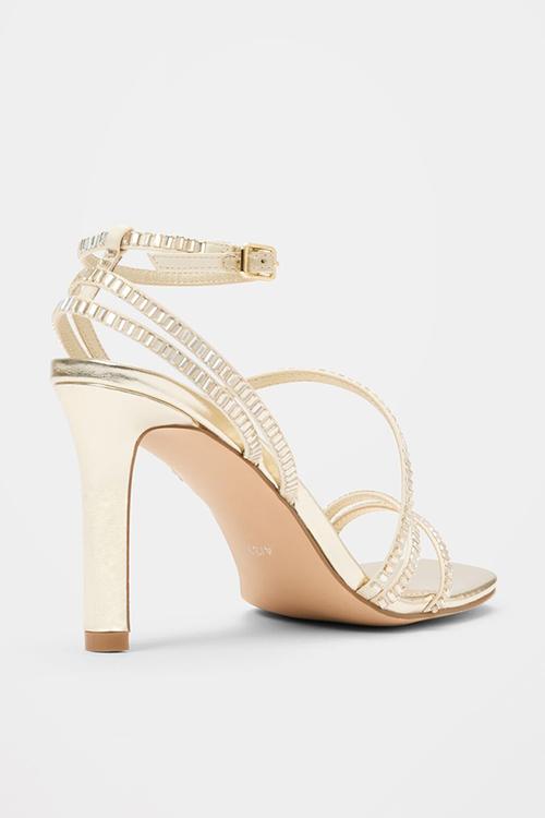 Crystal jewelled asymmetrical strap pm sandal heel in gold