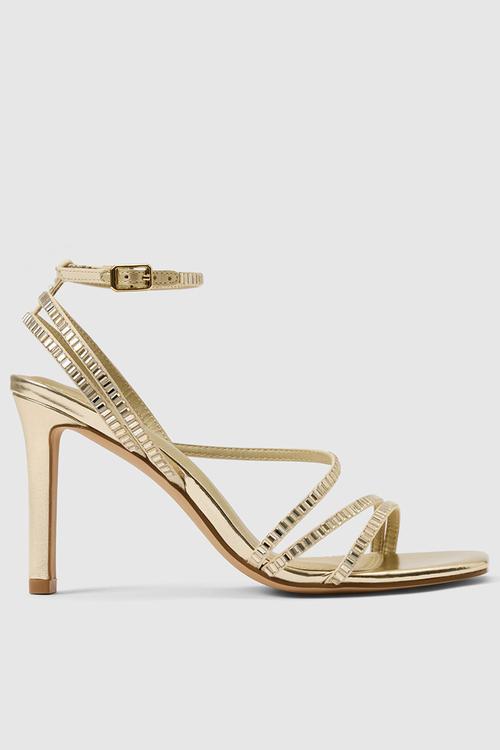 Crystal jewelled asymmetrical strap pm sandal heel in gold