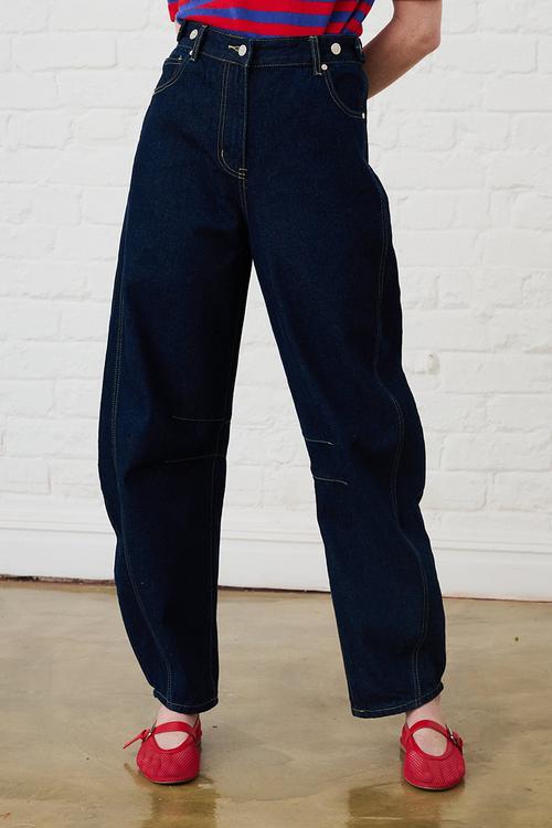 Adjustable Waist Barrel Leg Jeans - Dark Wash