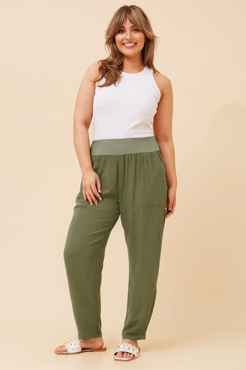 High Waisted Linen Blend Straight Leg Pant With Ribbed And Elasticated Waistband - Khaki