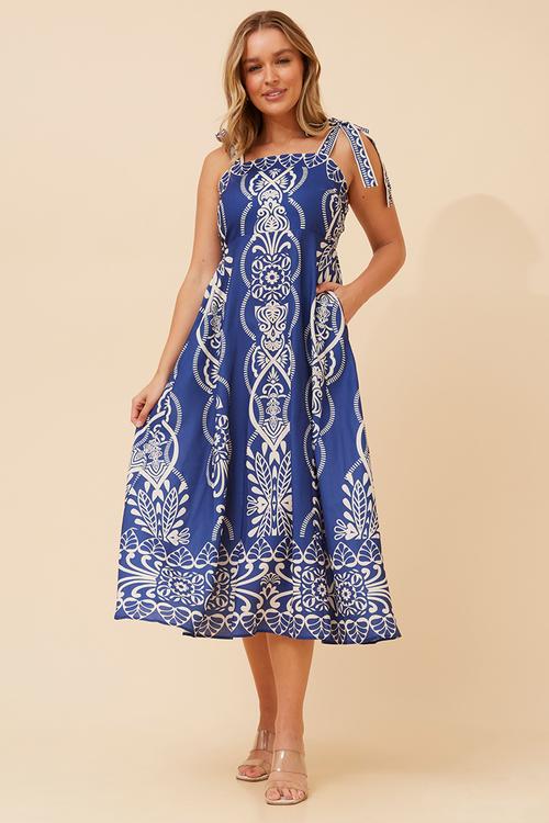 Tie strappy boobtube printed maxi a-line dress - cobolt blue