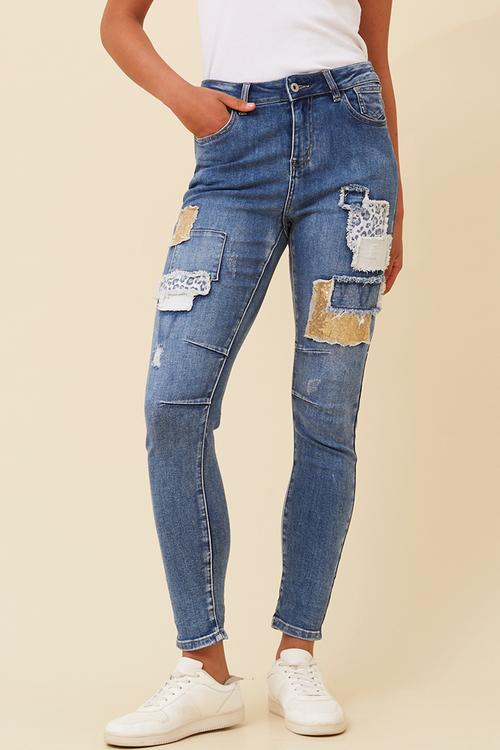 Mid Waist Skinny Jean With Inside Waist Elastic With Hand Sewn Details - Denim