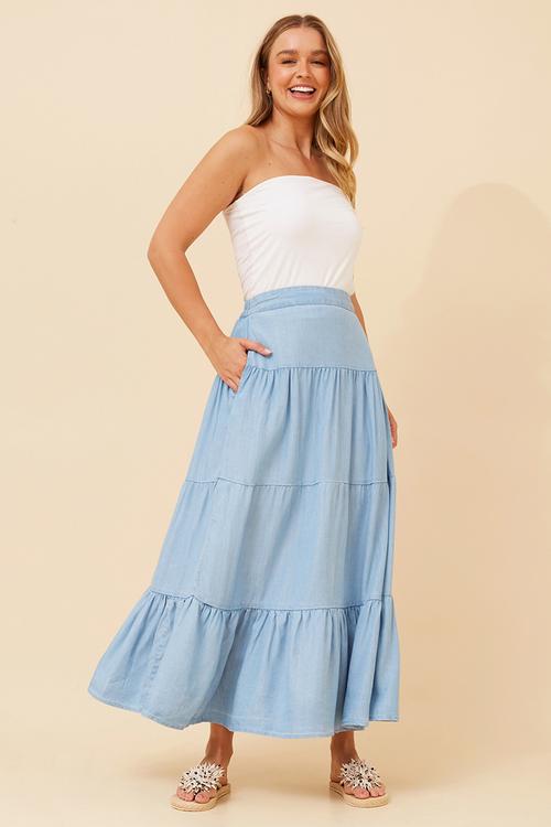 A-line maxi skirt with 3 button waist detail - mid wash