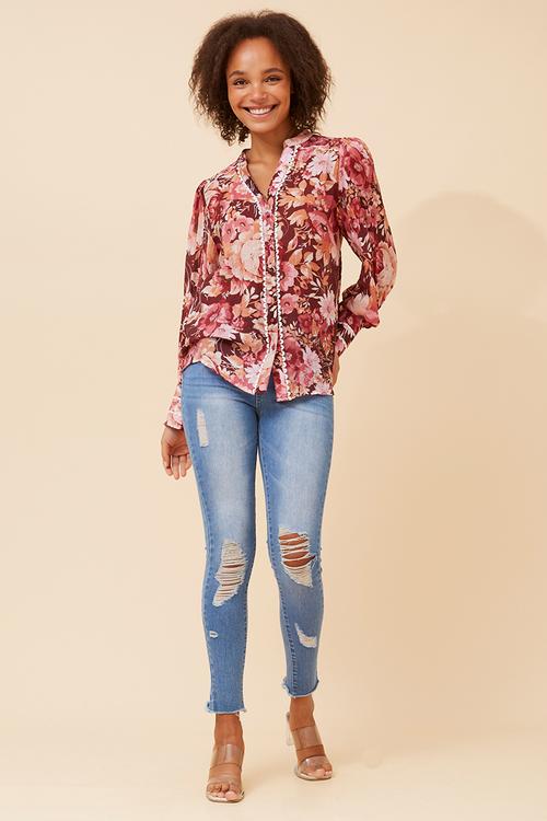 L/S With Smocking Key Hole Button Through Blouse With Trim Detail - Burgundy