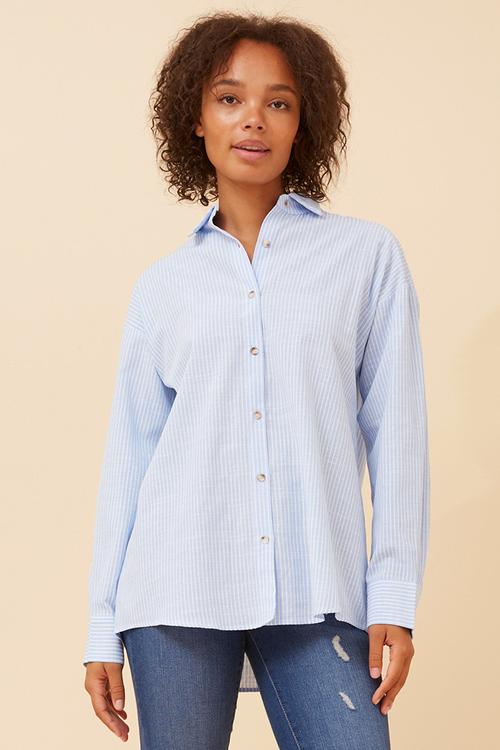 Long sleeve Boyfriend Button Through Shirt With Collar - Blue
