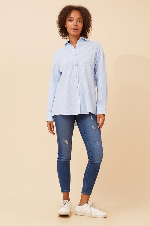 Long sleeve Boyfriend Button Through Shirt With Collar - Blue