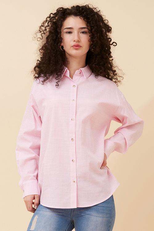 Long sleeve Boyfriend Button Through Shirt With Collar - Pink