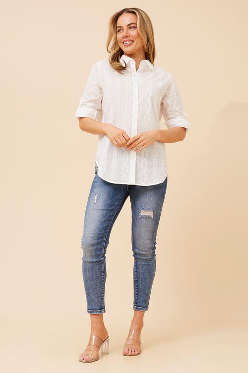 Long sleeve With Turn Back Cuff Button Through Anglaise Blouse - White