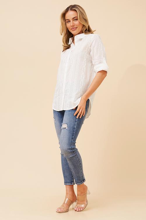 Long sleeve With Turn Back Cuff Button Through Anglaise Blouse - White