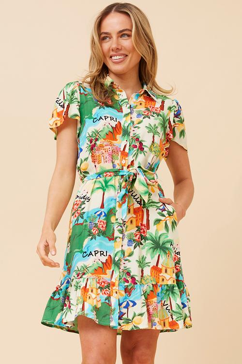 Cap Sleeve Mini Button Through Dress With Collar - Multi
