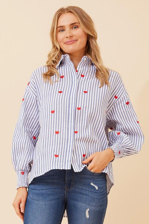 3/4 Sleeve With Smocking Button Through Stripe Shirt With All Over Heart Embroidery  - Blue