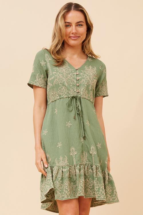 S/S V-Neck Embroidered Midi Dress With Waist Tie - Green