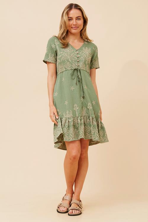 S/S V-Neck Embroidered Midi Dress With Waist Tie - Green