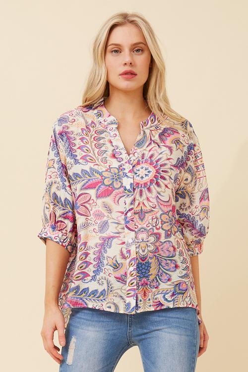 Half Sleeve Easy Wearing Batwing Sheer Blouse - Fuchsia