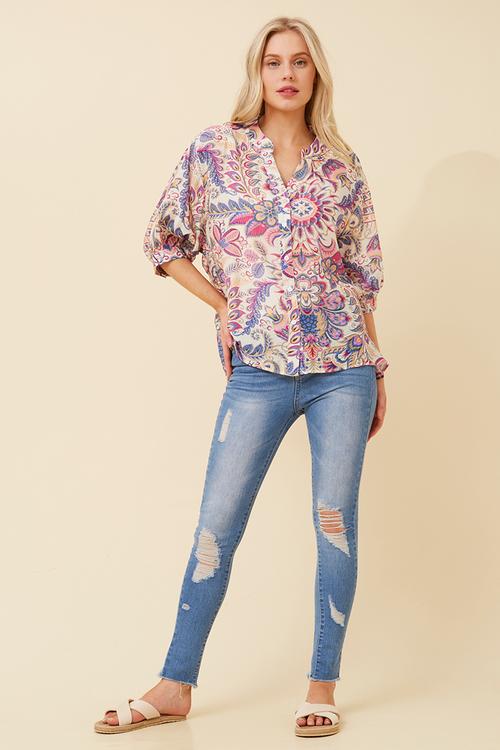 Half Sleeve Easy Wearing Batwing Sheer Blouse - Fuchsia