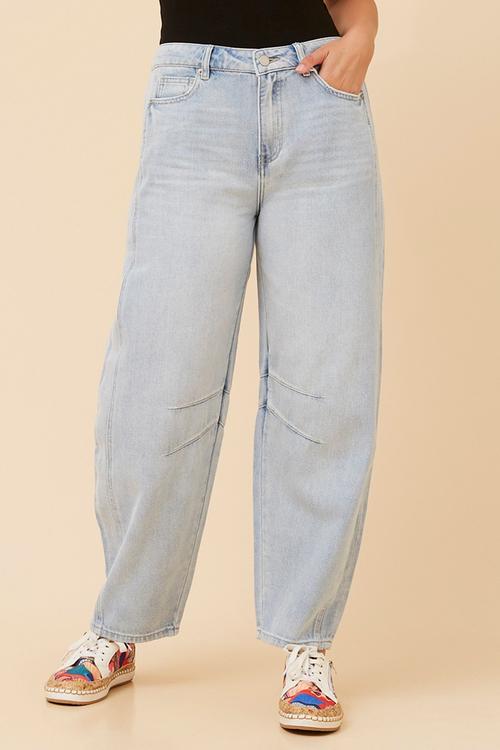 High Waist Barrel Denim Jean With Laid On Panels In Front - Light Denim