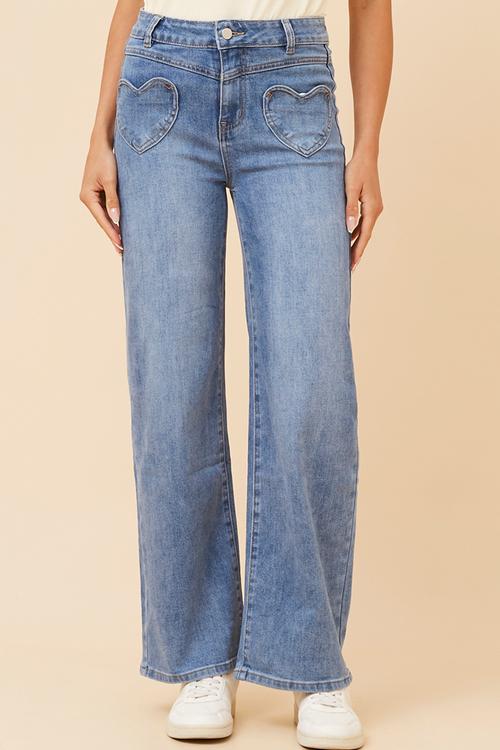 Mid Waist Straight Leg Denim With Heart Front Pockets - Blue