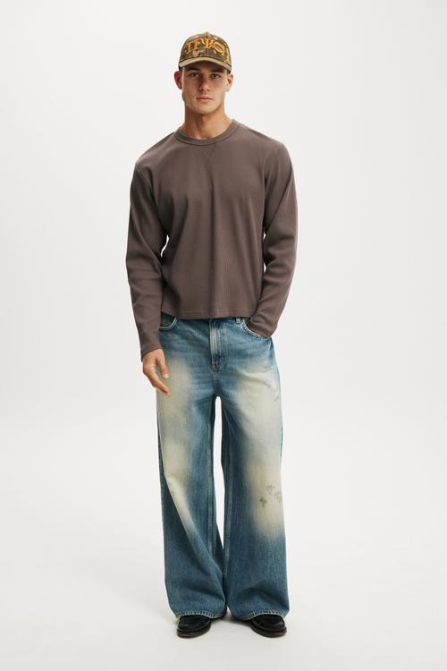 Cropped Fit Textured Long Sleeve - Washed Chocolate Waffle
