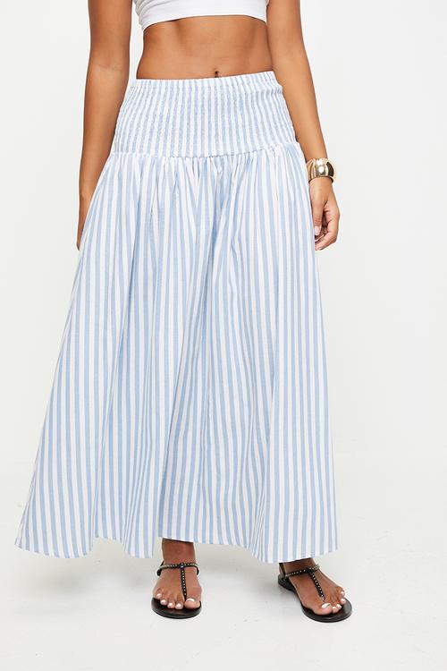 Stripe elasticated a-line midi skirt - blue stripe