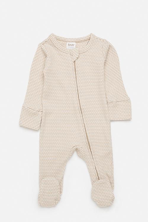 Organic Pointelle Long Sleeve Bubbysuit -  Latte Cream/Finley Stripe