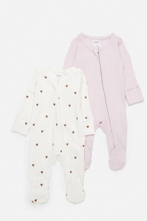 Organic Pointelle Long Sleeve Bubbysuit -  Thistle/Finley Stripe & Milk hearts