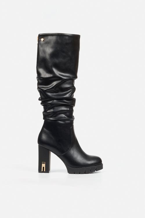 Darling 12 ruched platform block heel long boot - black