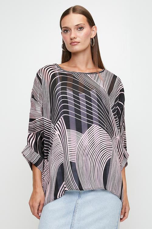 Loose Fitting Batwing Stripe Blouse - Multi Pink