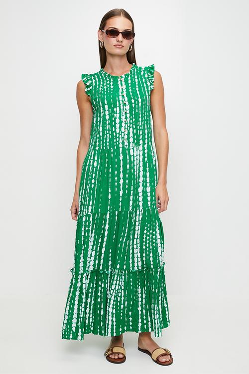 S/Less Woth Flutter Maxi Tiered Dress Button Through - Green