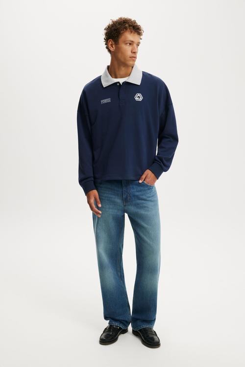 Cropped Fit Graphic Fleece Polo - Indigo Four Tune