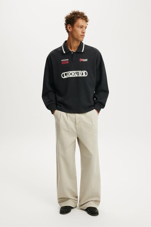 Cropped Fit Graphic Fleece Polo - Washed Black