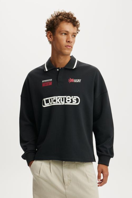 Cropped Fit Graphic Fleece Polo - Washed Black