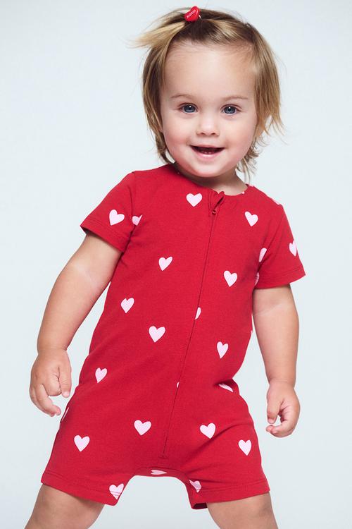 The Short Sleeve Zip Romper -  Varsity Red/Love Hearts