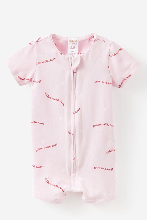 The Short Sleeve Zip Romper -  Tea Party Pink/Love & Hugs