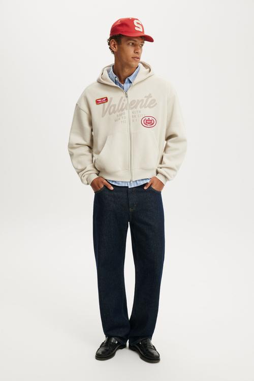 Cropped Zip Up Graphic Hoodie - Bone/ Valiente