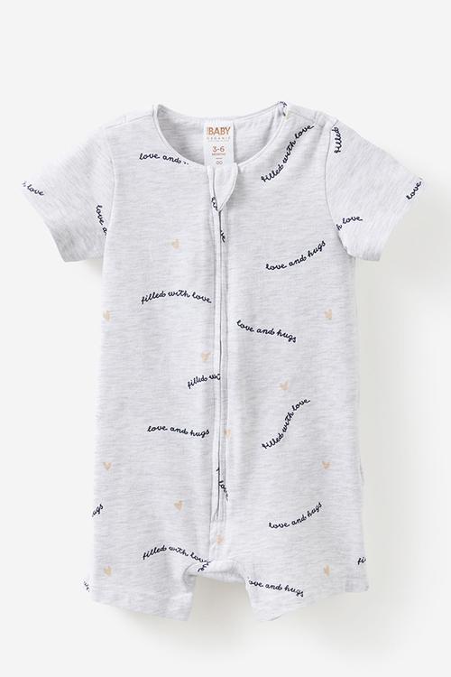 The Short Sleeve Zip Romper -  Snow Marley/Love & Hugs