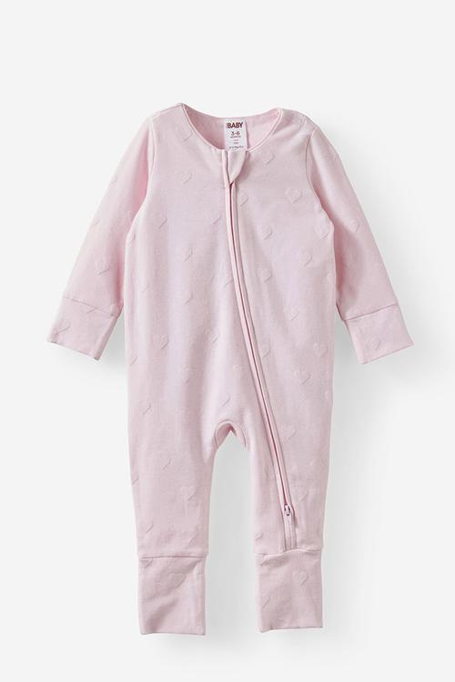 The Long Sleeve Zip Romper - Tea Party Pink/Textured Heart