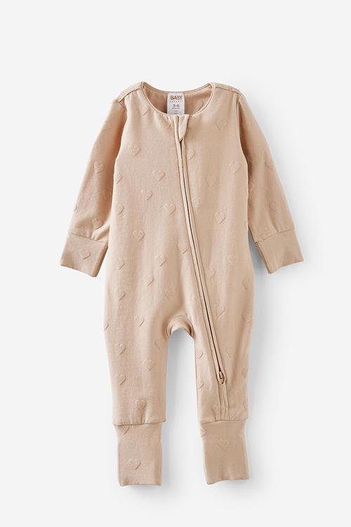 The Long Sleeve Zip Romper - Latte Cream/Textured Heart