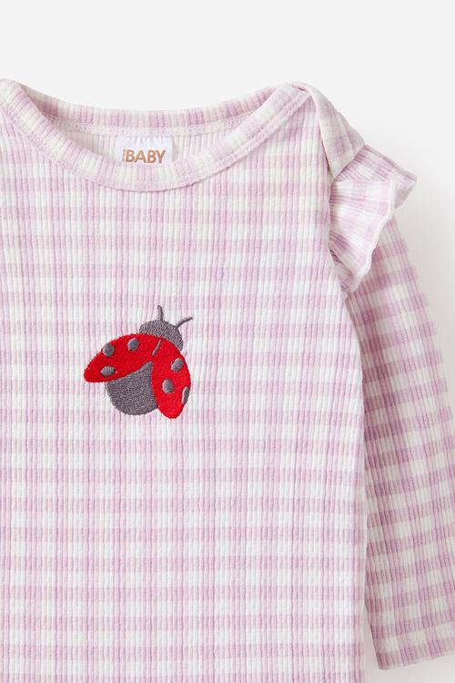 Organic Pointelle Long Sleeve Bubbysuit - Thistle/Lady Bug Gingham