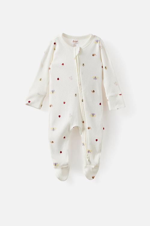 Organic Pointelle Long Sleeve Bubbysuit - Milk/Forst Floor Friends