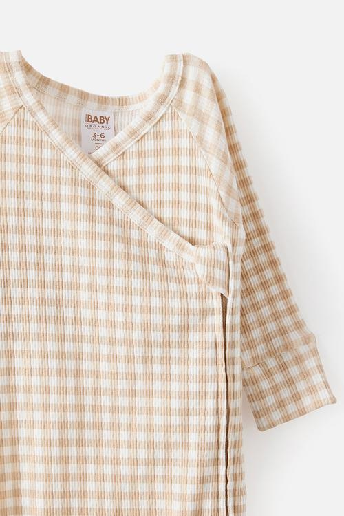 Organic Pointelle Wrap Zip Romper - Latte Cream/Gingham