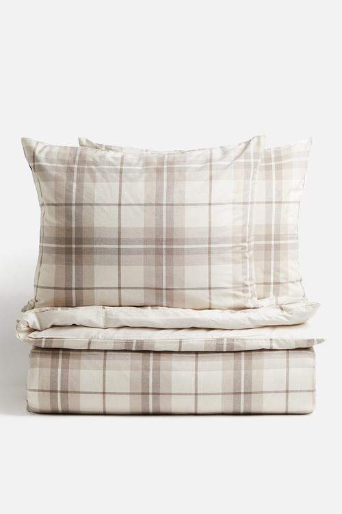 Flannel double/king duvet cover set - beige/checked