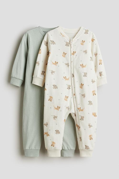 2-Pack cotton sleepsuits - light green forest animals 