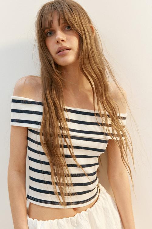 Ribbed off-the-shoulder top - white/striped